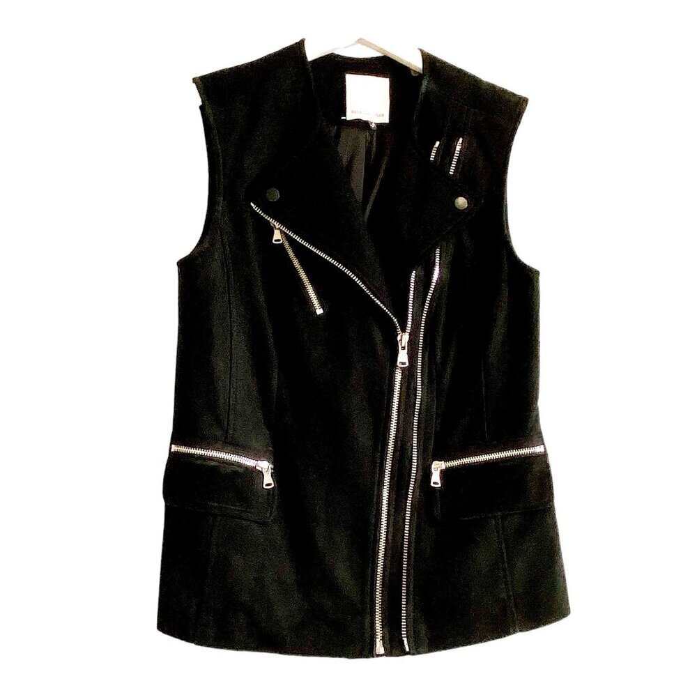 Rebecca Taylor Black Lamb Leather Moto Vest with Wool Lapel, Size XS